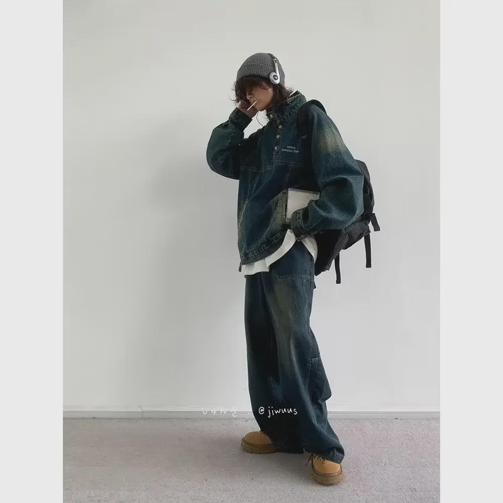 Men's Japanese Retro Wide-Leg Jeans: Loose Straight Fit for Trendy Casual Wear