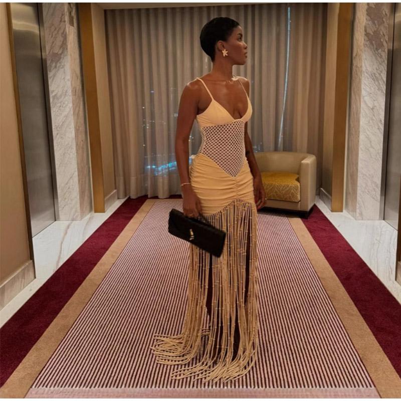 Hollow Out See-through Long Dress Women Holiday Tassels High Waist Sleeveless Strap Dresses Female Backless Evening Club  Robe