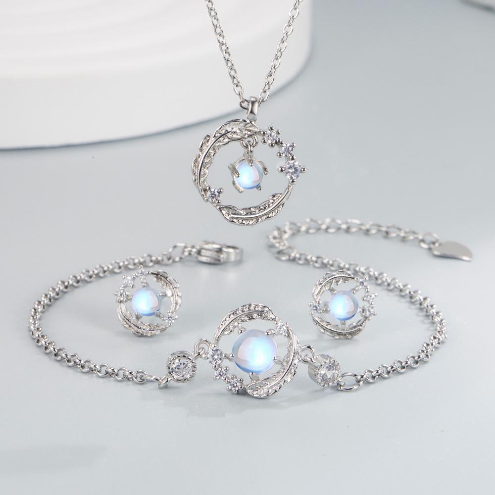 Moonstone Feather Jewelry Set: Necklace, Earrings, and Bracelet - Elegant and Romantic Women's Accessories