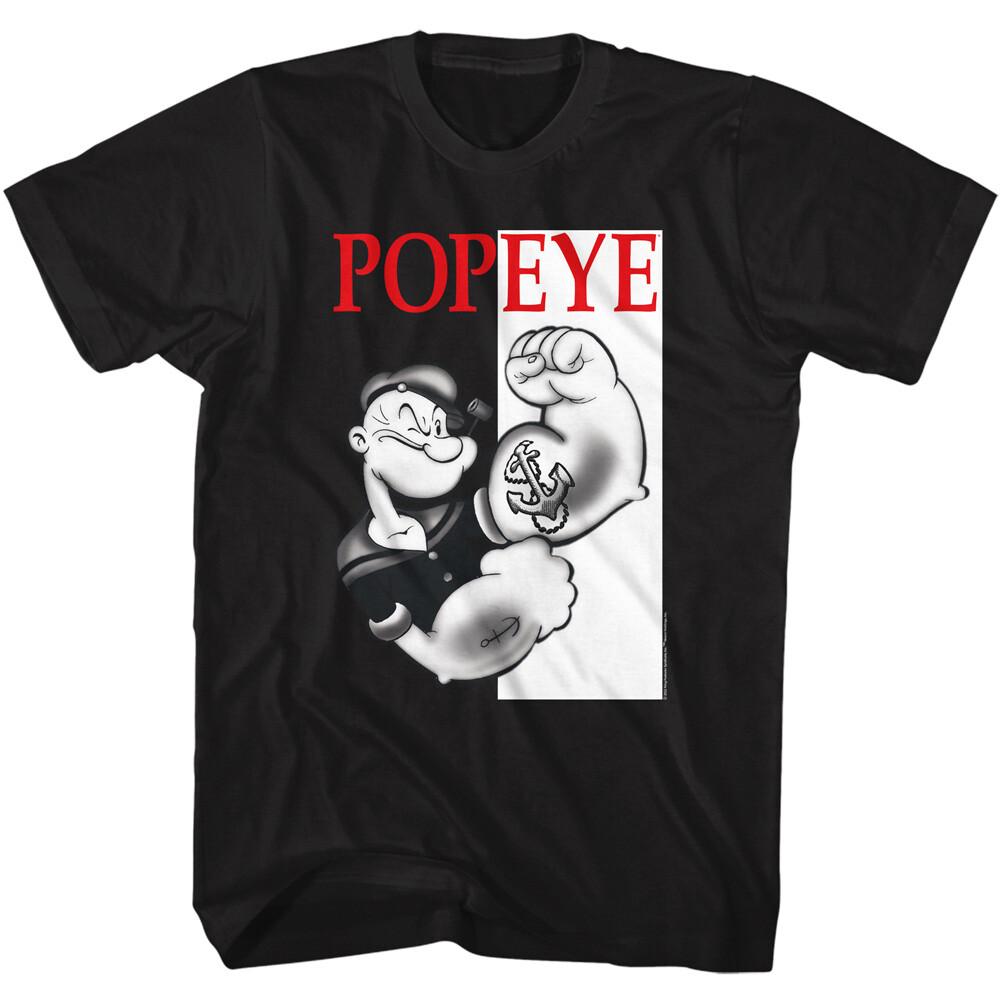 

Popeye Men039;s T-Shirt Scarface Parody Angry Folded Arms Vintage Cartoon Black Unisex T-Shirt L
