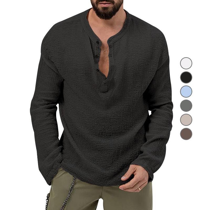 New Autumn Long Sleeve T-shirt Men's Loose Button V-neck Top