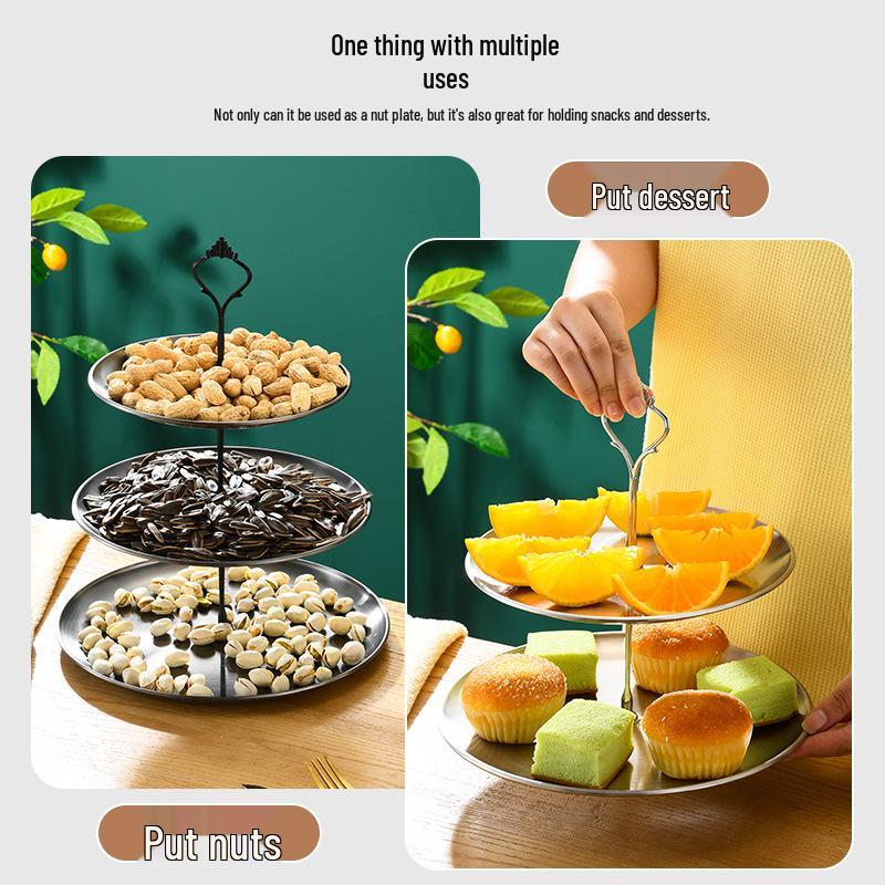Tre-vånings dessert- och snacksfat i guldpläterat rostfritt stål
