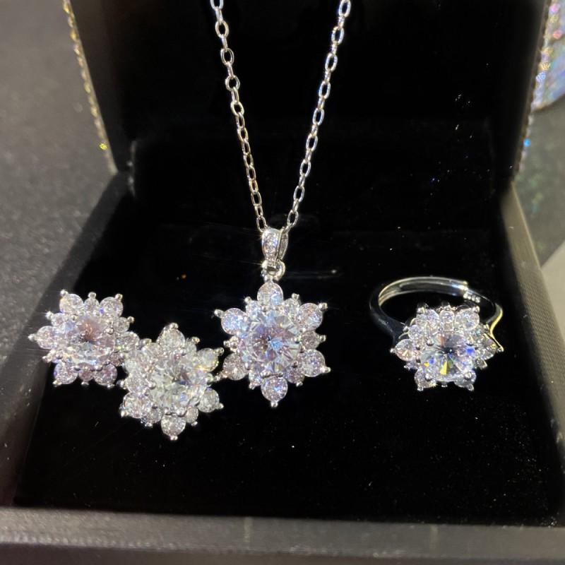 Elegant CZ Gemstone Pendant Necklace Set With Earrings Ring Women Blue Red Yellow Green Purple White Zircon Jewelry