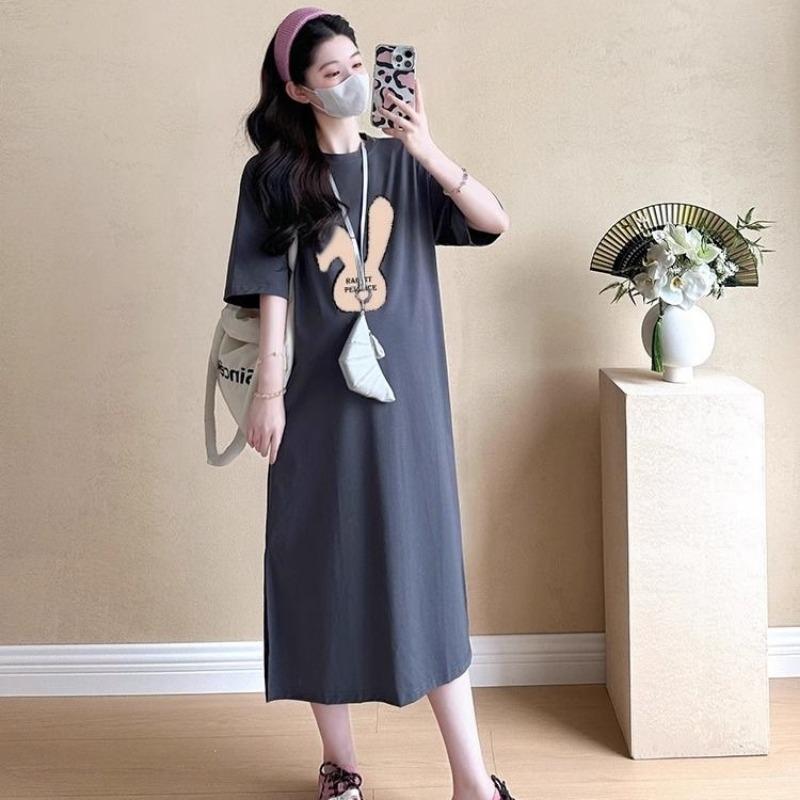 Summer Printed Round-neck Short-sleeved Loose and Fashionable T-shirt Dress for Pregnant Women