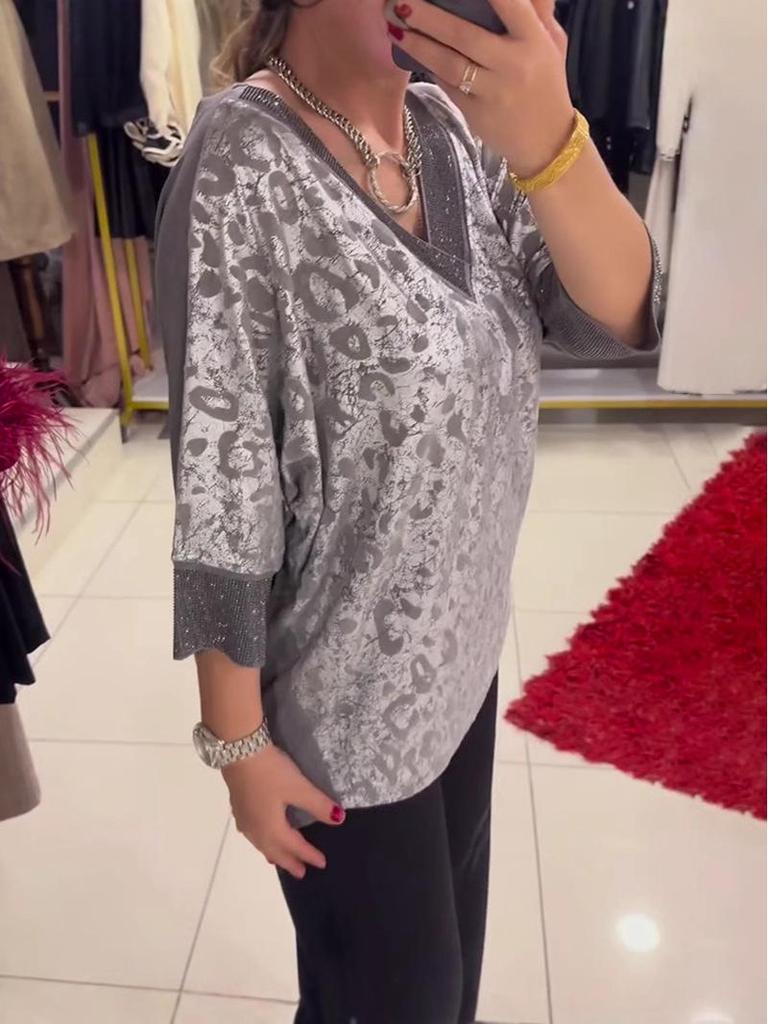 2024 Autumn/Winter European & American V-neck Printed T-shirt Women's Fashion