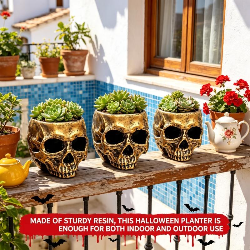 Dark Tone Resin Skull Flower Vessel Ideal For Dramatic Interior Styling And Work Space Touches