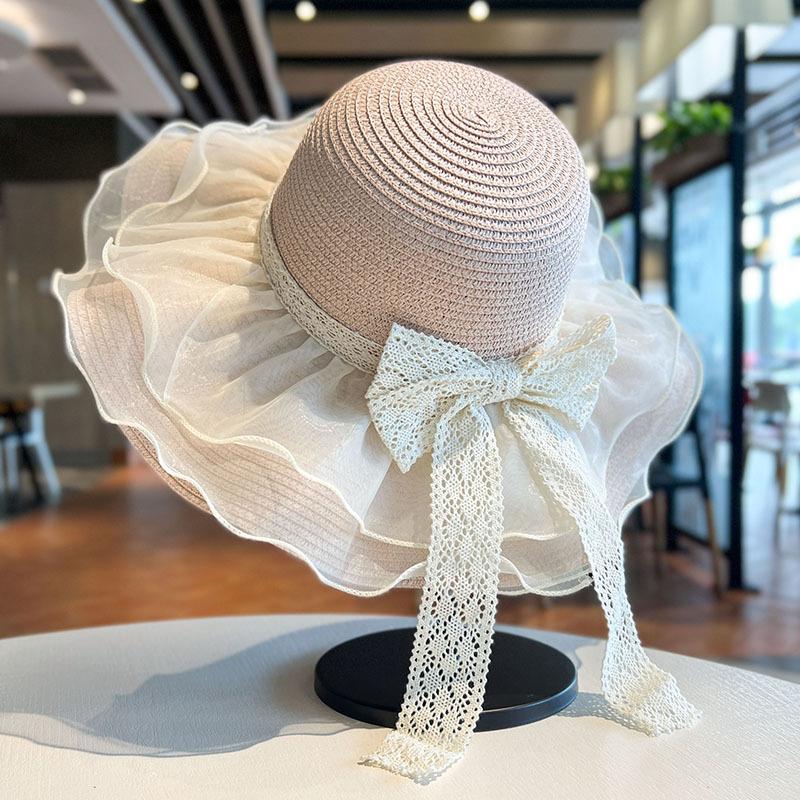 

Женская летняя сетчатая шляпа из соломы с бантом и кружевом, шляпа с широкими полями для защиты от солнца, пляжная шляпа для отпуска, модный головной убор с сетчатым бантом и кружевными деталями one size