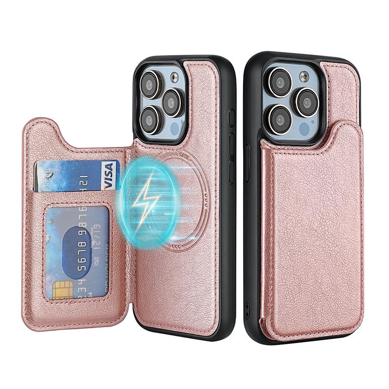 

Магнитный кожаный чехол-книжка для iPhone 15 Pro Max со слотом для карт MagSafe iPhone 12 Pro Max розового золота