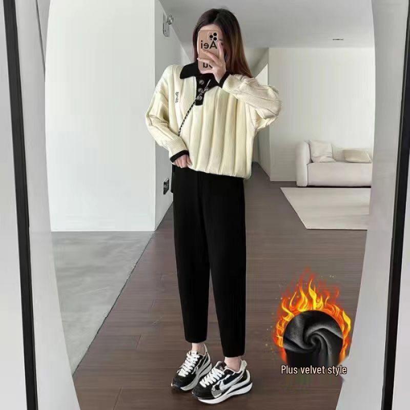 

Women s Beige Velvet Thickened Harem Pants - Petite, Loose, Slimming, Casual for Autumn/Winter M