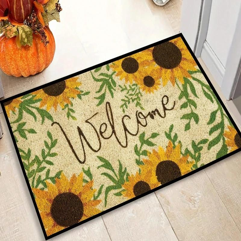 1Pc Floral Letter Print Welcome Doormat Anti-Slip Bath Rug Fade Resistant Kitchen Garden Floor Mat Washable Home Decor Carpets