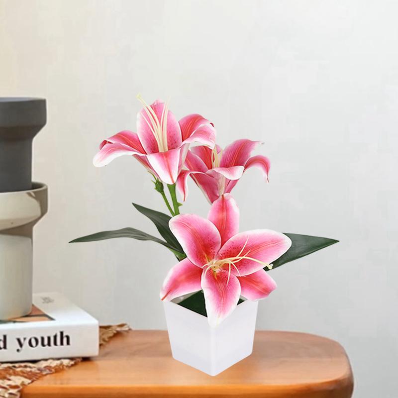 Artificial Lily Potted Bonsai Fake Lily with Leaf Potted Plant Wedding Flower Arrangement Props Home Decoration Party Decor
