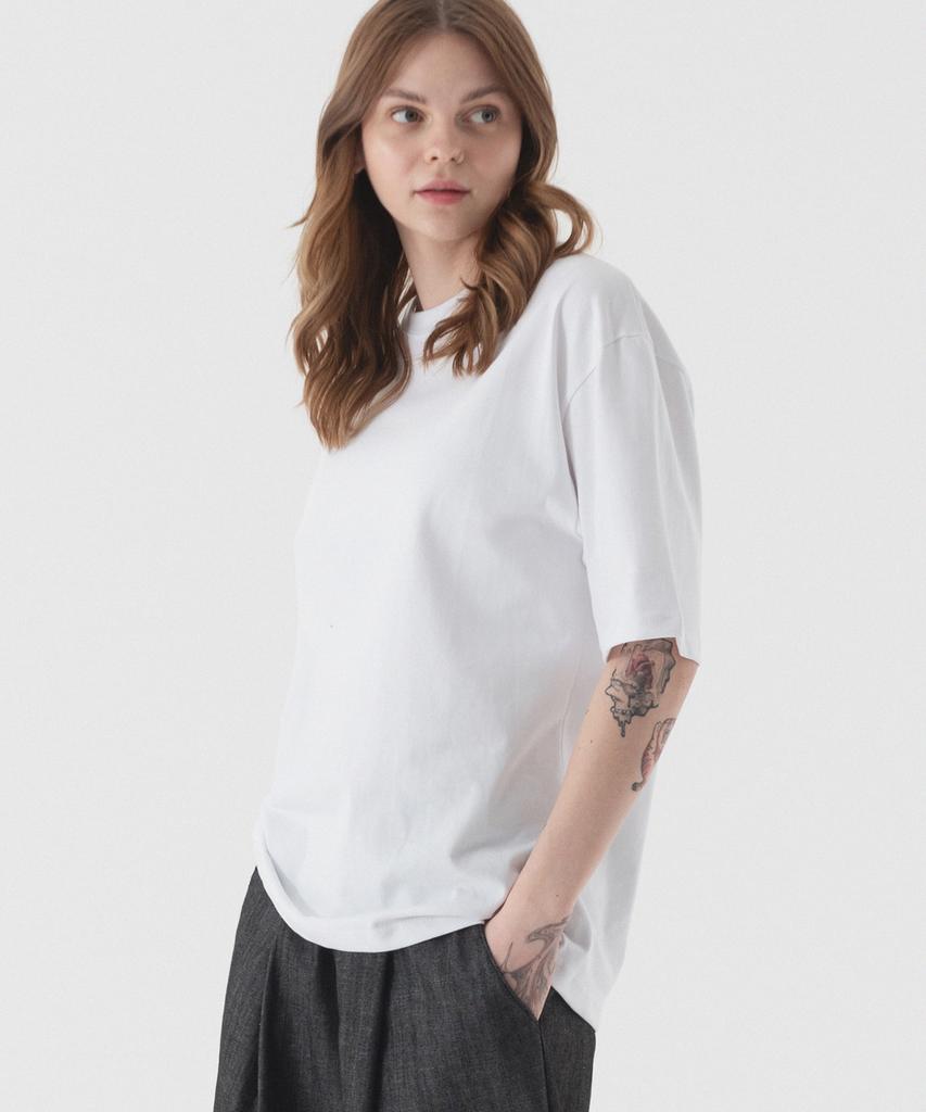 PIANER Cool Cotton Oversized Crew Neck Short Sleeve T-Shirt (White)