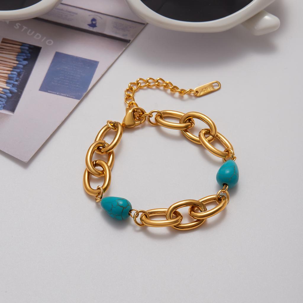 Youthway Retro - Style Blue Turquoise Bracelet With Stainless Steel 18K Gold Color - Plated O - Chain Design For Women