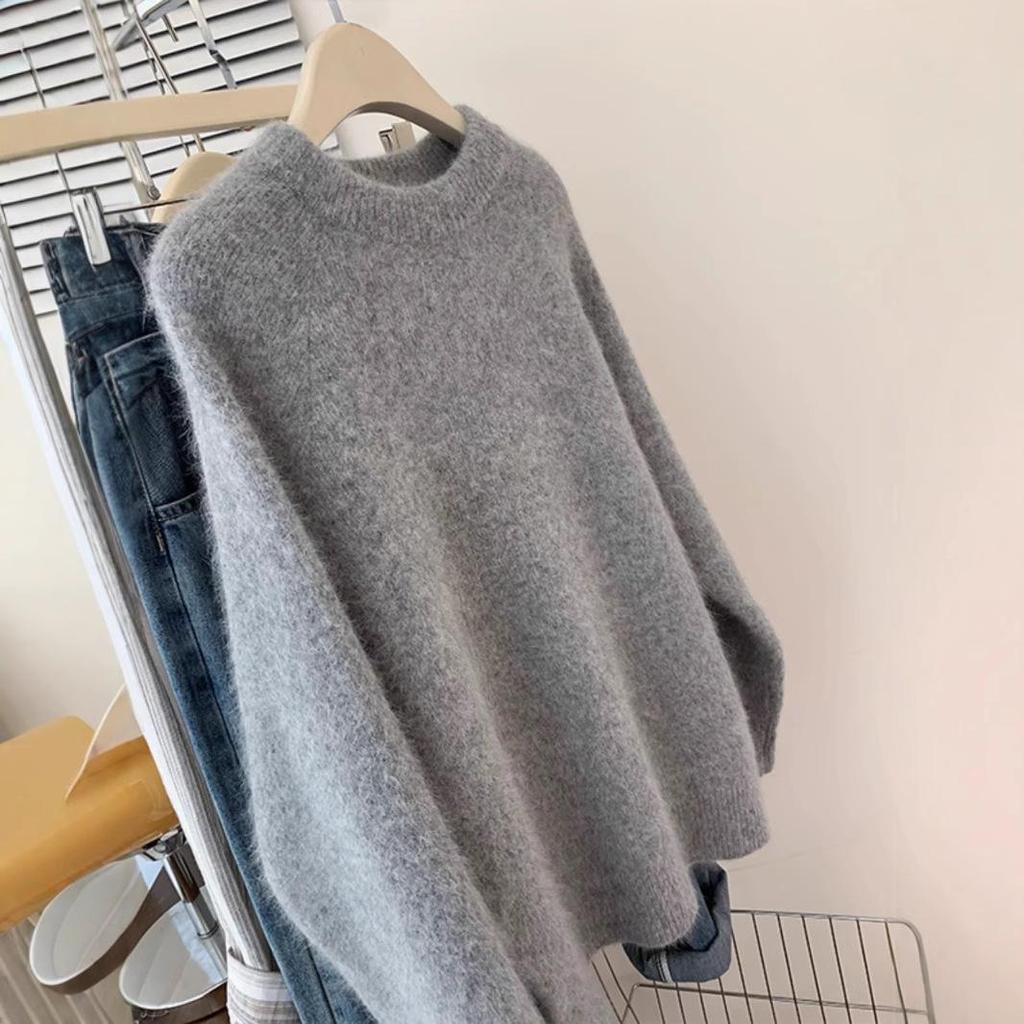 2025 Winter European Women's Pink Cashmere Blend Raglan Sleeve Loose Sweater