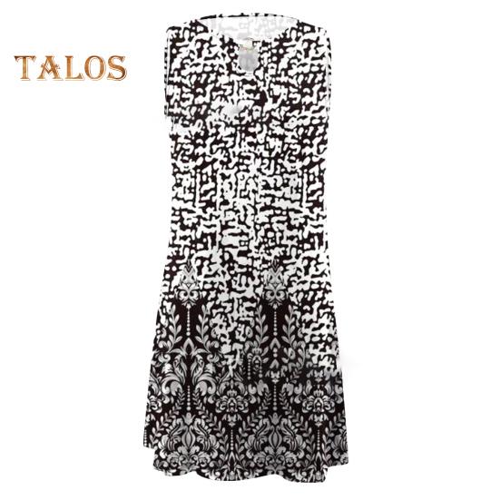 

Женское мини-платье без рукавов в стиле бохо с круглым вырезом и принтом, короткое платье-майка, летнее повседневное пляжное свободное платье-сарафан S чёрный