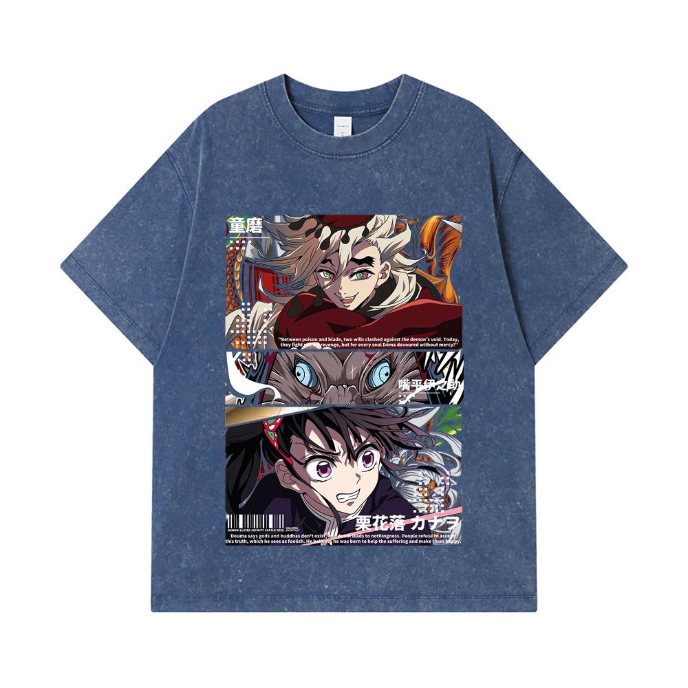 

275 GSM Washed T-shirts 100% Cotton Demon Slayer V30 Kanao Doma Print Unisex Heavy Cotton T Shirt 2XL королівський синій колір