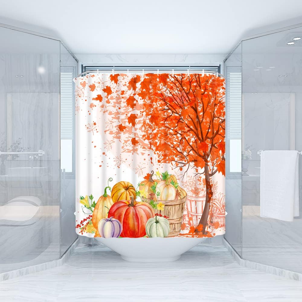 Gctnbjl Fall Shower Curtain Pumpkin Maple Leaves Sunflower Autumn Thanksgiving Day Harvest Farmhouse Seasonal Holiday Rustic Cou
