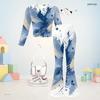 Girls Printed Two Piece Outfit Round Neck Long Sleeve Top Flared Pants Blue Beige White