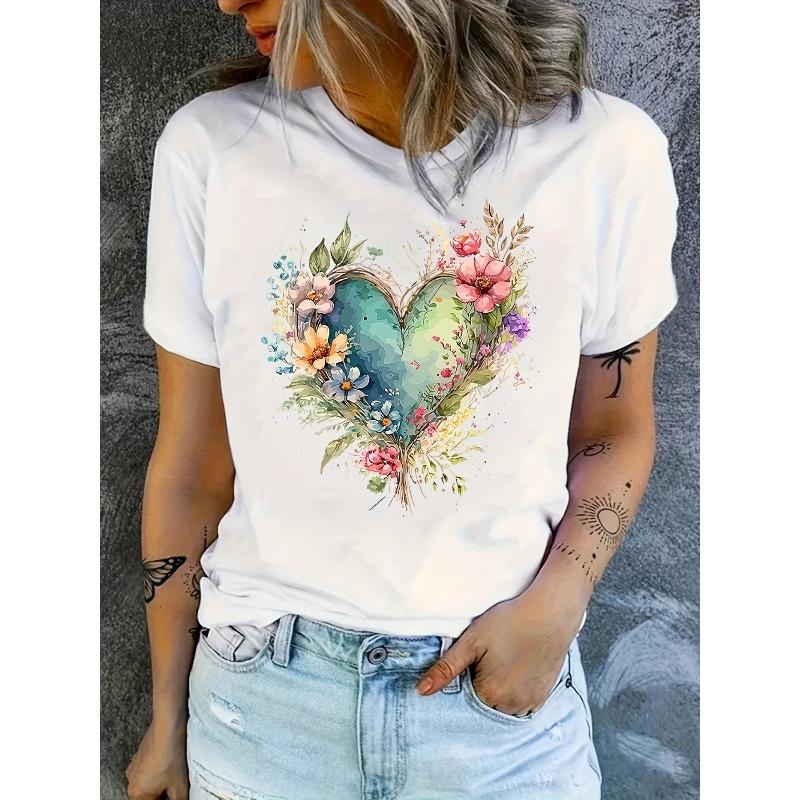 

European sizes The Pattern Is a Mirror-like Heart Shape and Flowers, with an Informal Style; Printed Fashion Casual Short-sleeved 4XL