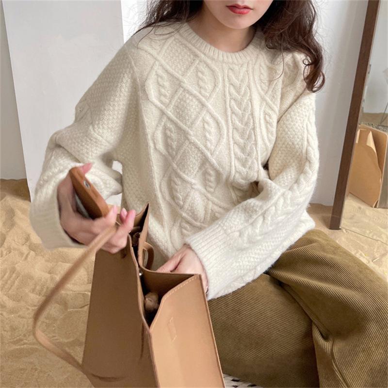 Women Knit Sweaters Thick Full Sleeve Round Neck Casual Sweater Pullover Elegant Ladies Solid Winter Slight Strech Sweaters