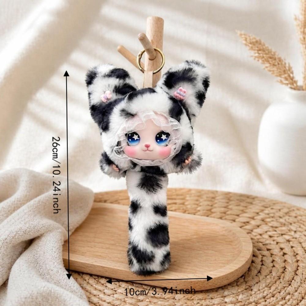 Leopard Print Furry Cat Pendant Long Tail Bag Charms Cartoon Cat Plush Toy Bag