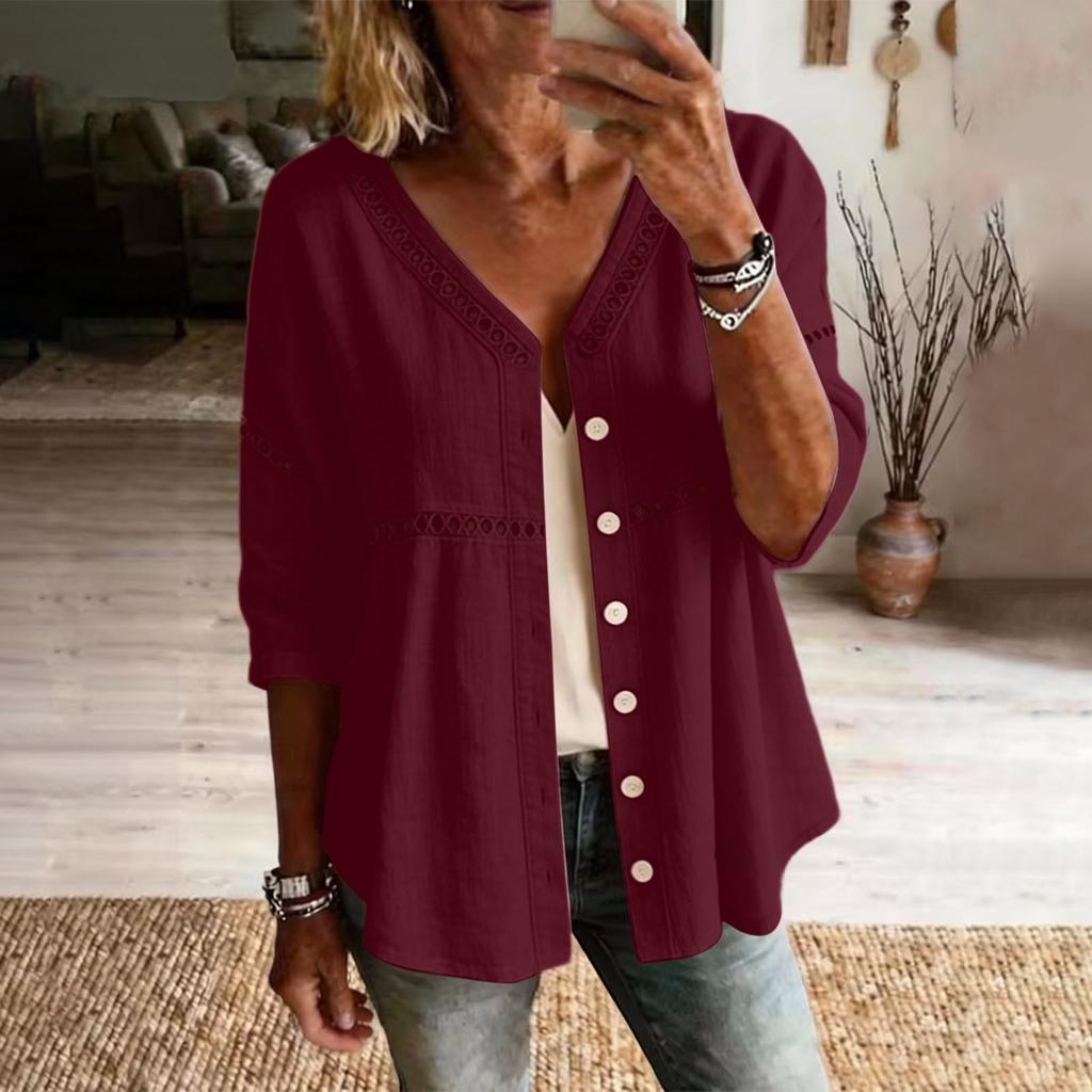 Damen Button-Down Leinenhemden 3/4 Ärmel V-Ausschnitt Lochstickerei Blusen Lässige Baumwolle Hohlstrick Boho Tops