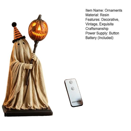 Halloween Theme Haunted House Decor Lighted Ghost Figurine with Remote Control, Vintage Resin Statue Luminous Pumpkin Indoor Festive Display Ornament