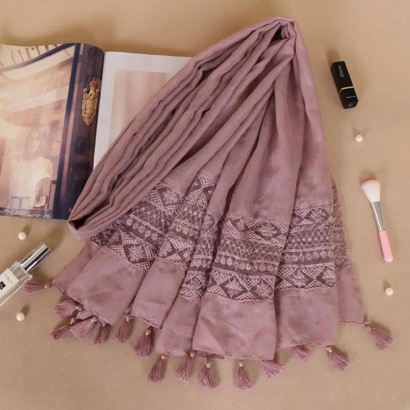 Women Fashion Plain Lace Floral Patchwork Viscose Shawl Scarf Luxury Brand Laser Cut Long Size Bufandas Muslim Hijab Wrap Snood