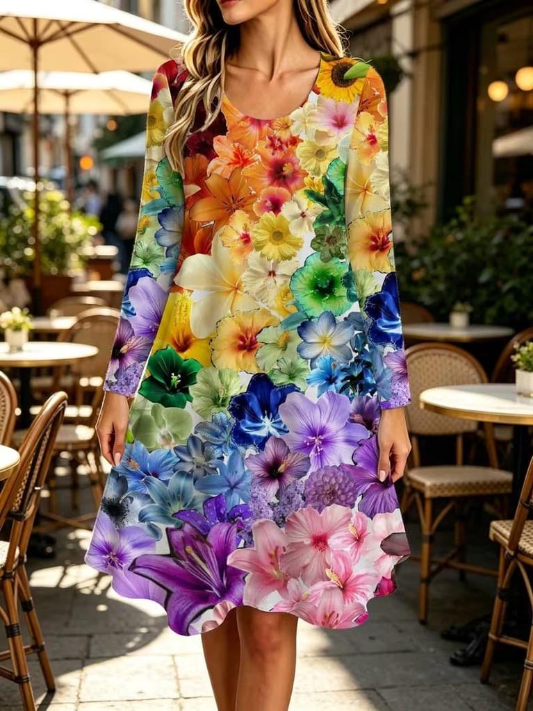 Spring Autumn Women Dress Casual Long Sleeve O-neck 3D Print Loose A-Line Dress Oversized Home Wear Robe