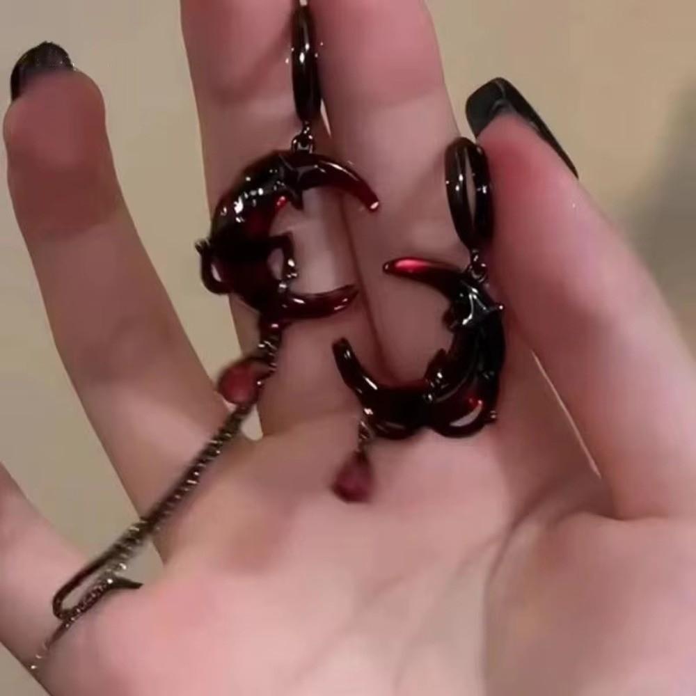 Red Crystal Asymmetry Earrings Tassel Chain Women Dangle Earrings Rhinestone Moon Earrings  Gift