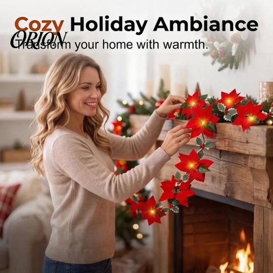 Festive Winter Home Decorations Christmas Poinsettia Garland with Light, 78/118 Inch Lighted Artificial Flower for Mantel String Light 10/20 LEDs Xmas