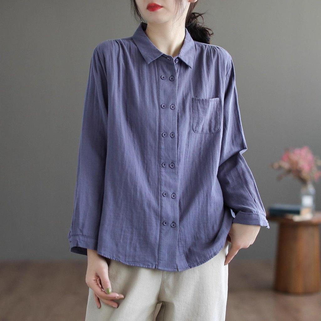 Korean Style Double-Breasted Women's Shirt, Polo Collar, Cotton Linen, Long Sleeve, Loose Fit, Perfect for Spring/Autumn
