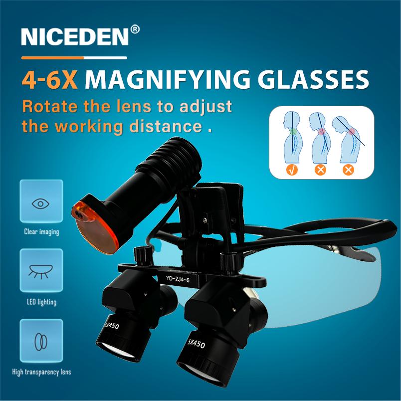 Niceden 4X 5X 6X Dental Binocular Magnifying Loupes 5W Surgery Medical Headlamp Lithium Battery 300-600mm