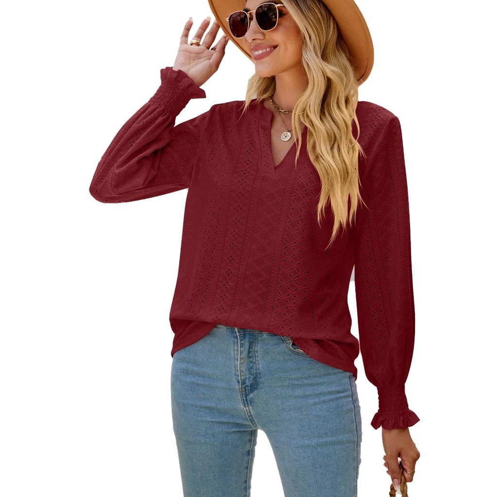 Solid Color Hollow Out Shirred Ruffle Sleeve V Neck Loose Long Sleeve Top for Women European American Crossborder Fashion