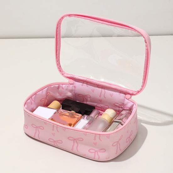 Pink Bow Makeup Bag Portable Cosmetic Pouch with Transparent Window Zippered Travel Cosmetic Organizer for Business Trip Vacation