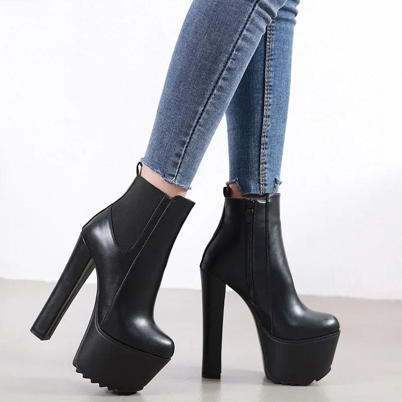 16CM Tykke Høyhælte Sko Dame Plattform Elastisk Bånd Glidelås i Siden Chelsea Støvletter Svarte Ankelstøvletter Zapatos Para Mujeres