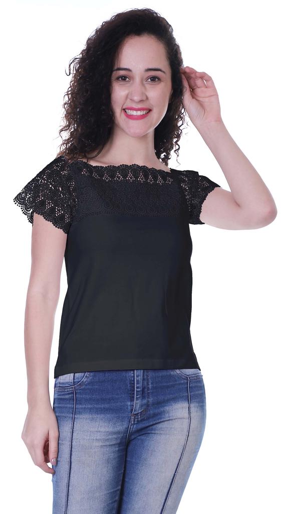 Moomaya Lace Sleeve Tops For Women Plain Boat Neck Tee Shirt