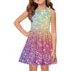 Girls sleeveless print dress with round neck and flared A line skirt casual kids summer outfit