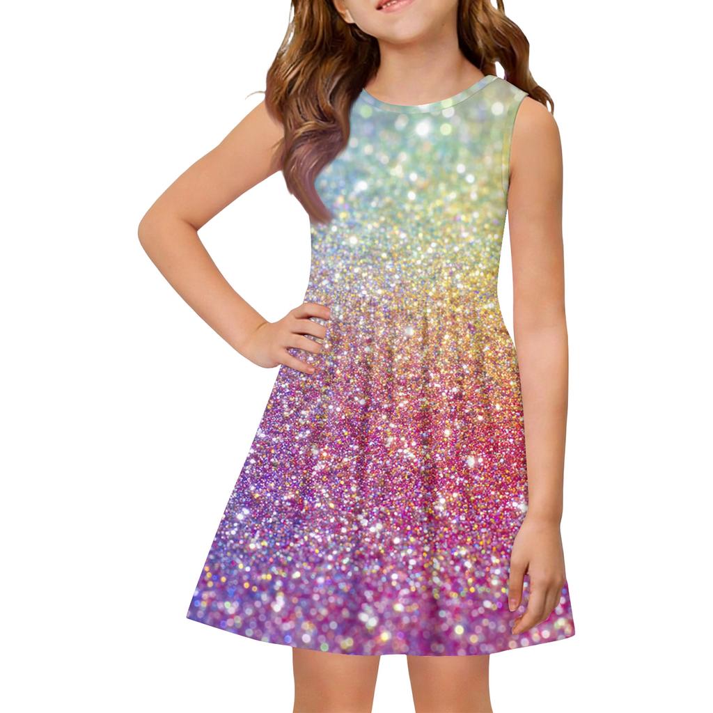 Girls sleeveless print dress with round neck and flared A line skirt casual kids summer outfit