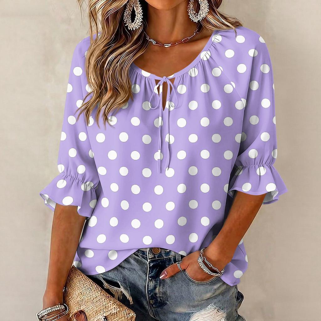 Women's Round Neck Polka Dot Blouse with Tie Front and Ruffle Hem 3/4 Sleeve