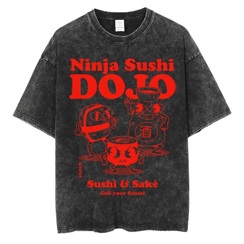 

Japanese Shark Guide Graphic T Shirt Unisex Washed Cotton Vintage Kanji Print Tee Harajuku Style Summer Top Streetwear S