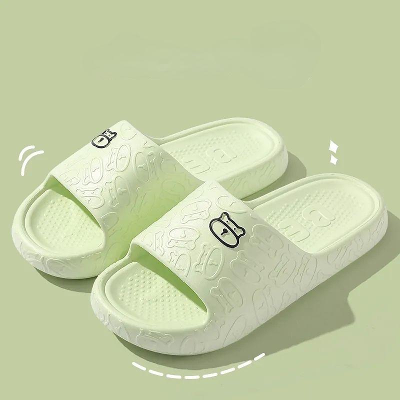 Bear Embossing Slippers Non-slip Silent Platform Women's Summer Indoor Home Shoes Couple Bath High-end Sense Men's Slippers