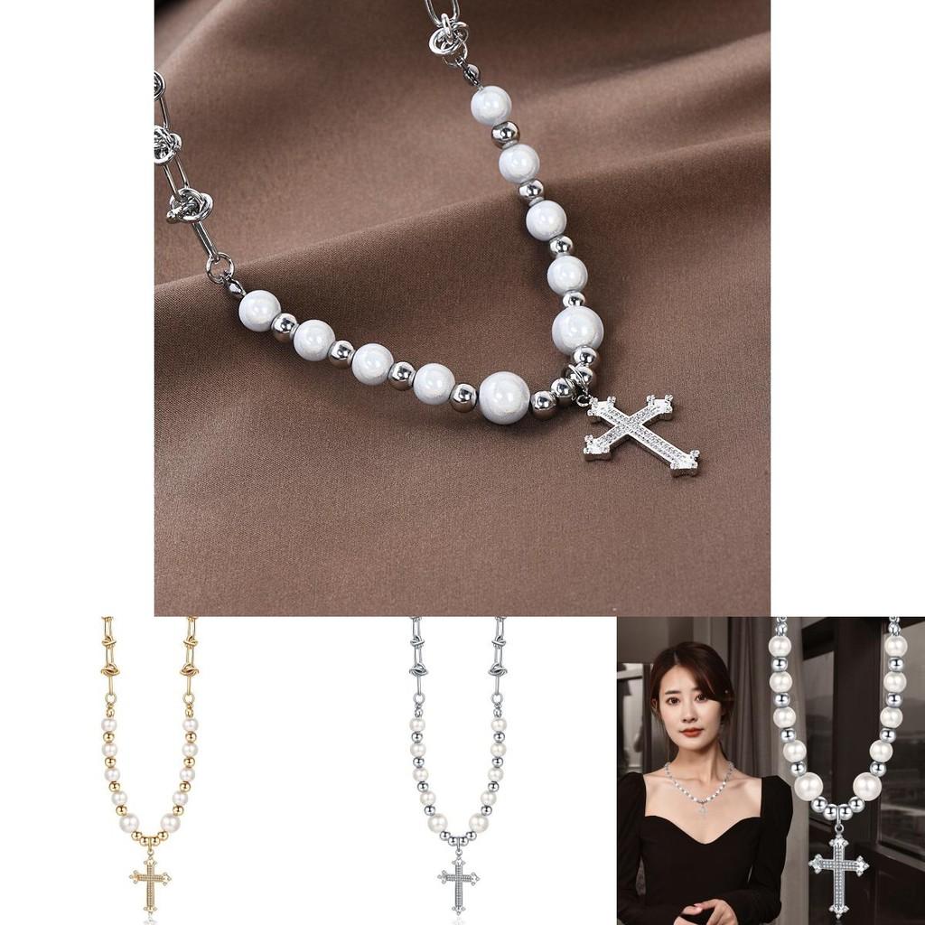 Luxurious Titanium Steel Cross Necklace For Men And Women With Handmade Design And Elegant Pearl Accents