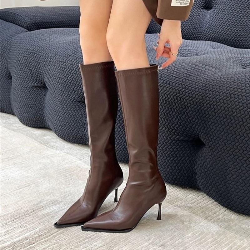 Fashion New Style Popular Women's Pointed Toe High Stiletto Heel Pleated Knee High Boots Women's Mid-Leg Comfortable Zapatos De Mujer