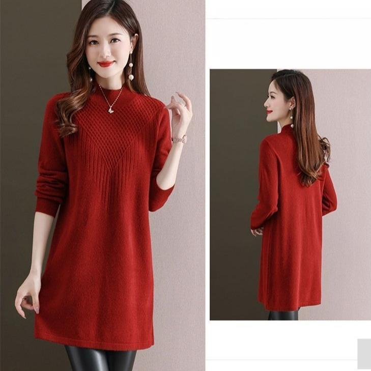 Turtleneck Knitted Dress for Women Loose Mid-length Sweater Dress Solid-color Casual Pullover Autumn and Winter