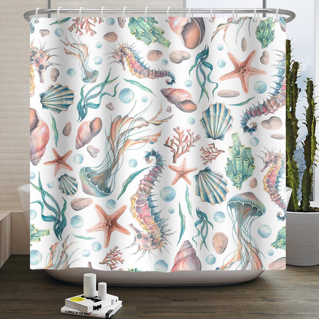 Nautical Coastal Shower Curtain Starfish Coral Seashell Beach Ocean Bathroom Curtain Underwater Marine Waterproof Bath Curtain