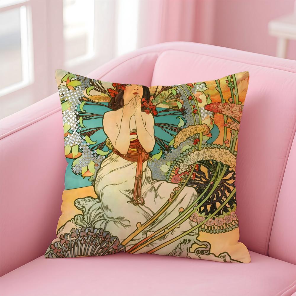 artistic AAlphonse Maria Mucha Cushion Cover Pillow Case Soft Skin Friendly Fabric Comfort Concealed Zipper