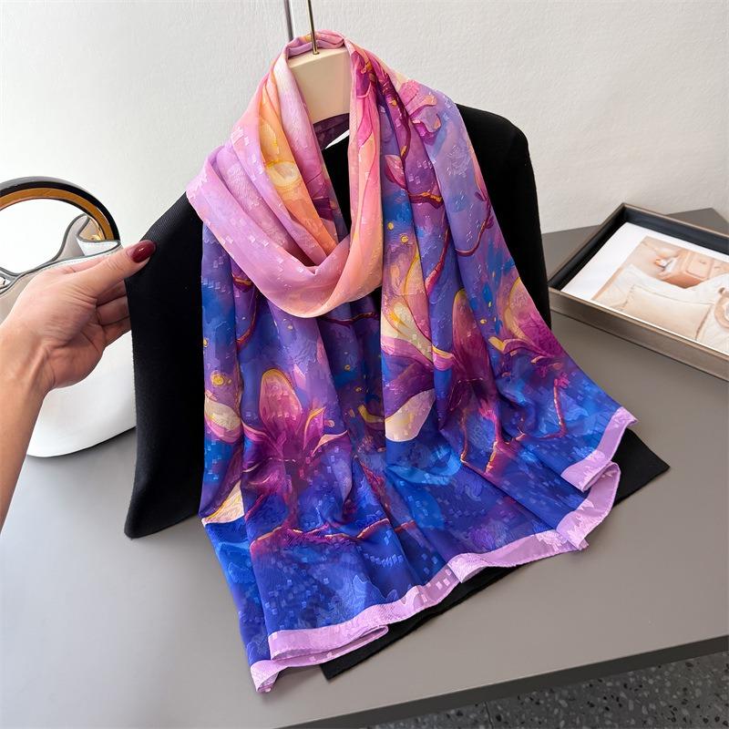Symphony magnolia print cut flower spring and summer silk scarf large long scarf high-end travel shawl sun protection women's scarf headscarf