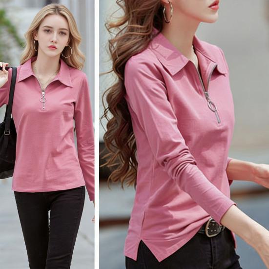 Women T-shirt Lapel Zipper Half Placket Long Sleeve Pullover Tops Solid Color Slim Fit Stretchy Casual Tee Shirt Work Party Vacation Daily Wear