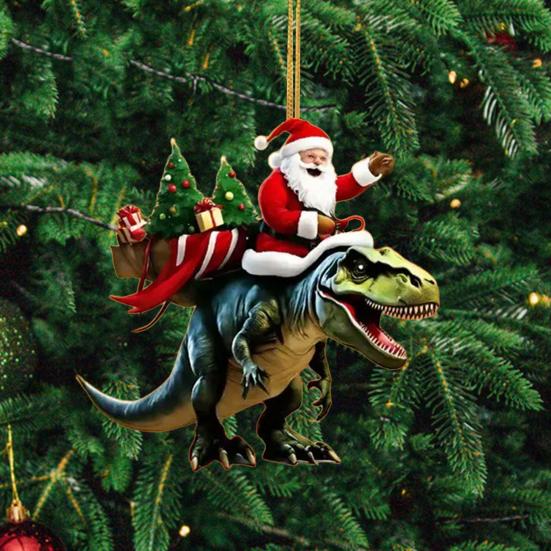 Christmas Pendant Santa Claus On Dinosaur Ornament 2D Flat Acrylic Hanging Decoration for Christmas Tree Mantel Decor